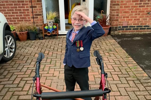 On Captain Tom Moore's birthday, Alfie borrowed a walking frame to pay tribute to the 100-year-old on his birthday.