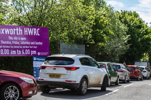 Pictures taken by Kirsty Edmonds show bumper-to-bumper traffic as Brixworth HWRC opened at 10am this morning.