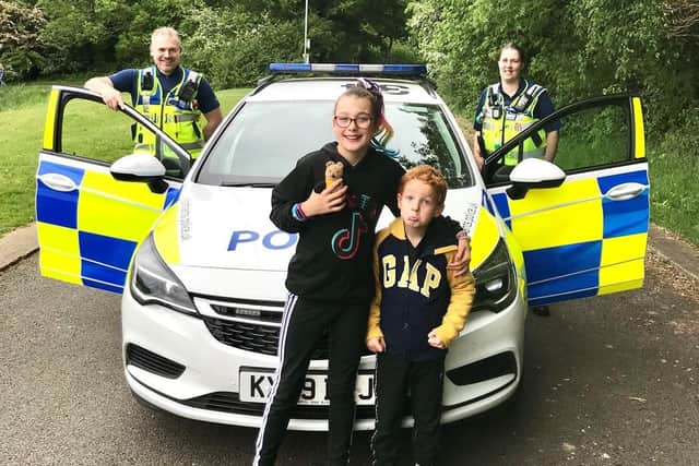 PCSOs Dot Wilson-Townsend and Craig Matthews made Maclaine's day on her birthday. Photo: Northamptonshire Police