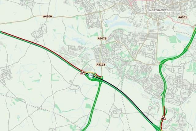 Highways England traffic maps show the tailbacks near Northampton