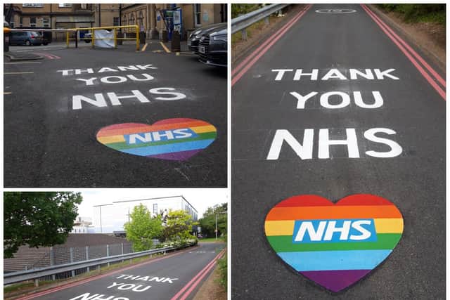 New signs thanking the NHS have been painted on roads leading into Northampton General Hospital