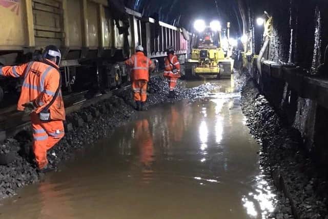 Flooding caused delays for trains running through Kilsby Tunnel . Photos: Network Rail
