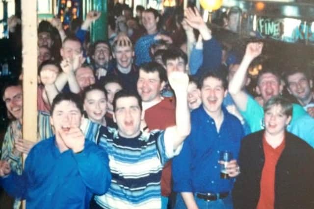 Sports editor Jeremy Casey's pals enjoy a pre-match beer or two in 1997