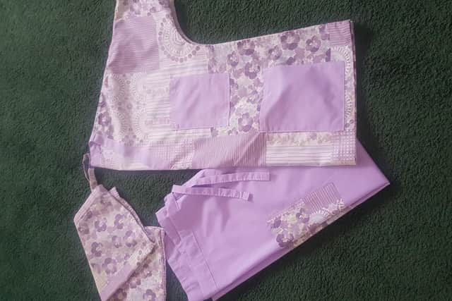 An example of the PPE made by Lyn Firman, using whatever materials she can get her hands on