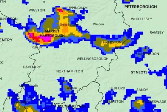 Met Office rainfall radar showed storms heading into the county just after 1pm