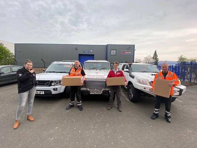 (L-R) Lilly Marabel from Northants RAYNET, Northamptonshire 4x4 Response chairman Gordon Brown, Tyler Bennett from the Red Cross and Robert Symes from Northamptonshire 4x4 Response