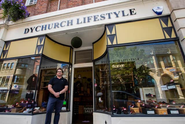 Dychurch Lifestyle owner Stephen Parkington outside his St Giles Street store on the first day of reopening after the coronavirus lockdown. Photo: Leila Coker