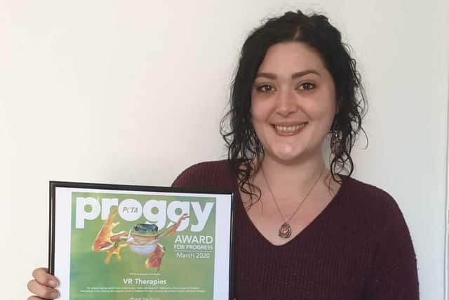 Rebecca Gill pictured after receiving her 'Proggy Award' from PETA which recognises animal-friendly ideas.