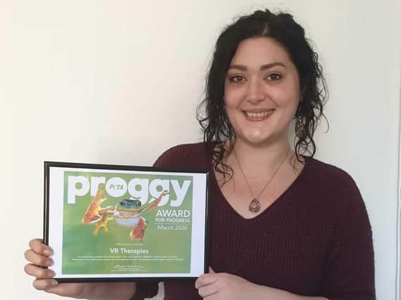 Rebecca Gill pictured after receiving her 'Proggy Award' from PETA which recognises animal-friendly ideas.