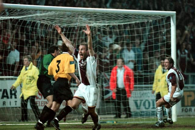 Ian Clarkson celebrates scoring his goal in the 1998 semi-final second leg win over Bristol Rovers