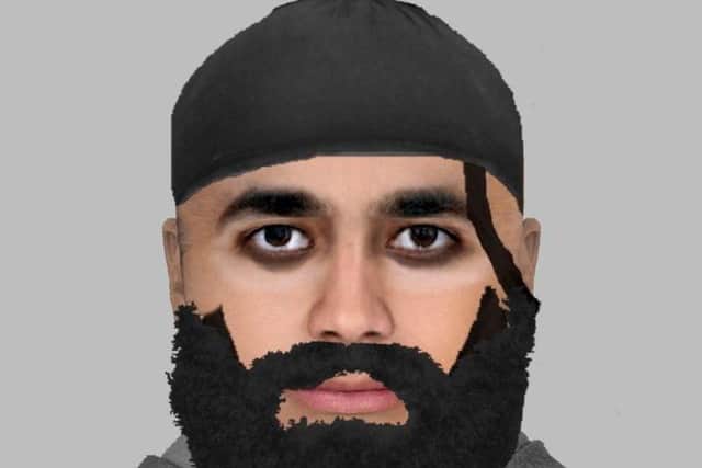 Police issued an E-fit of a bearded Asian man with a distinctive ringlet of hair on one side of his face