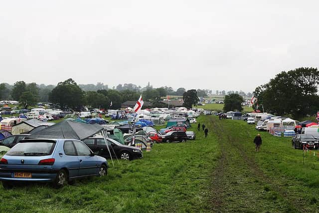 A campsite during practice for the British Grand Prix at Silverstone Circuit in 2012. Photo: Getty Images