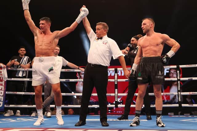 Kieron Conway is declared the winner in Liverpool on Saturday