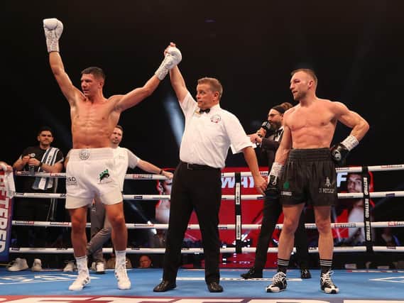 Kieron Conway is declared the winner in Liverpool on Saturday