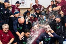 The Northants players celebrate their promotion from division two of the County Championship in 2019 - they will finally take their place in division one in the summer of 2022