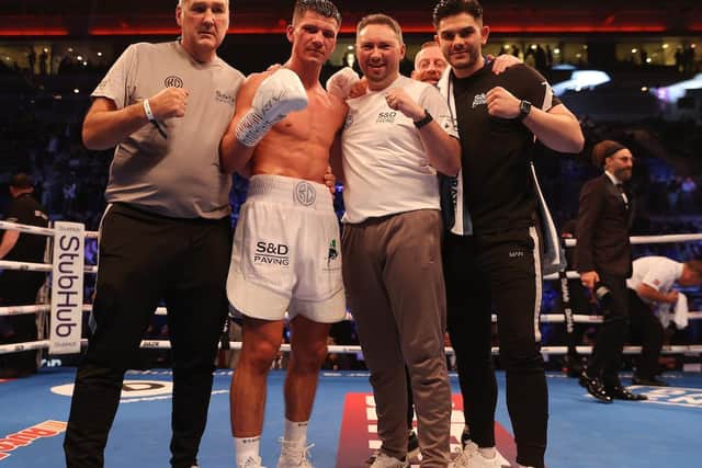 Kieron Conway and the Team Shoe-Box crew celebrate Kieron Conway's win over JJ Metcalf in Liverpool on Saturday night