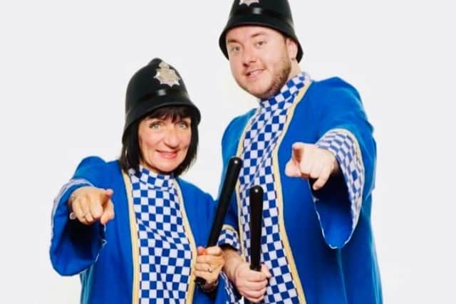 Sally Andrew pictured with fellow Panto police officer, Tommy Gardner