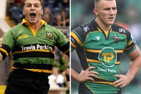 Ollie Sleightholme is wearing the current Saints shirt emblazoned with Travis Perkins logo 20 years after dad Jon wore the first