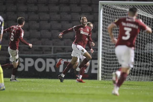 Kion Etete celebrates firing the Cobblers into the lead against Stevenage (Picture: Pete Norton)