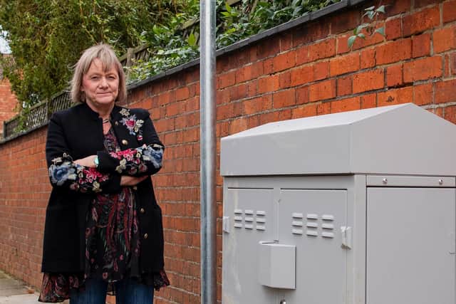 Suzanne Avil stood next to the gray box and tall metal pole outside her home which is part of a new electric car charging port