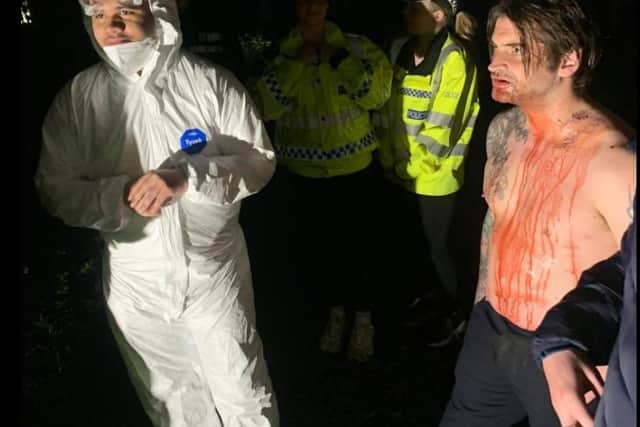 The bloody production involved over 120 volunteers.