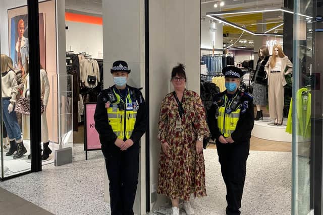L-R caption: PCSO Minnie Larkin, Karrine Akers (store manager River Island), PCSO Rea Abbott-Huckin.