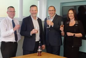 Bell director Andy Payne (second from left) celebrates his forthcoming retirement with finance director Michael Barton, managing director Lee Ferris and kitchen team leader Claire Hunt NNL-211029-104725001