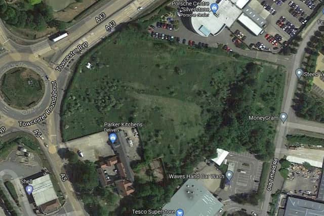 The new retail park would be built on vacant land between Tesco, the A5/A43 roundabout and the Porsche dealership on Old Tiffield Road, Towcester. Photo: Google