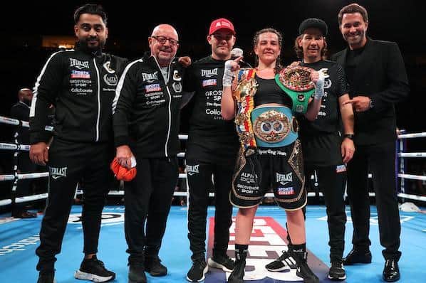 Chantelle Cameron pictured with her corner team and Matchroom Boxing boss Eddie Hearn