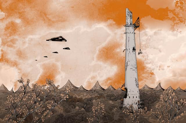 Early concept art shows Northampton's Lift Tower getting passed by unknown beings. Illustrated by Daniel Locke.