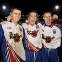 Jon Brady (centre) celebrates with fellow goalscorers Colin West (left) and John Hamsher following Rushden & Diamonds' FA Cup second round win over Doncaster  Rovers in 1998