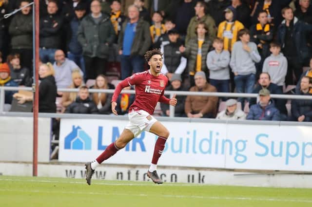 Kion Etete celebrates after firing the Cobblers into an early lead (Pictures: Pete Norton)