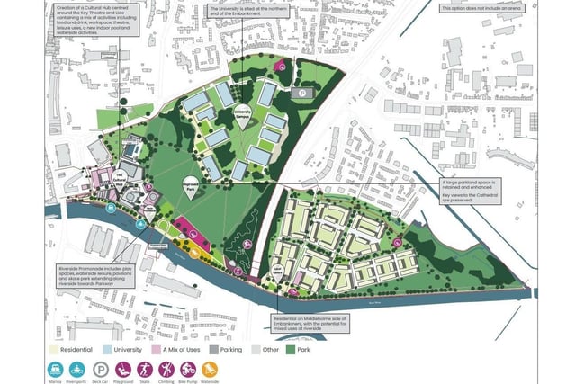 This option includes the creation of a cultural hub centred around the Key Theatre and Lido. It would include a mix of activities, including food and drink, office space, leisure, a new indoor pool and waterside activities. The university would be housed to the north, with a housing development on Middlehlome.  There would be an enhanced promenade with a marina, riversports hub, waterside leisure, a skate park and a playground.