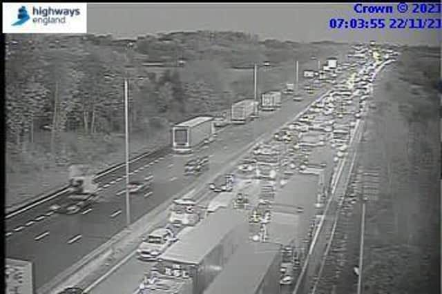 Queues on the M1 at just after 7am this morning