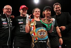 Chantelle Cameron celebrates her win over Mary McGee with her coaching team and Matchroom Boxing boss Eddie Hearn (far right)