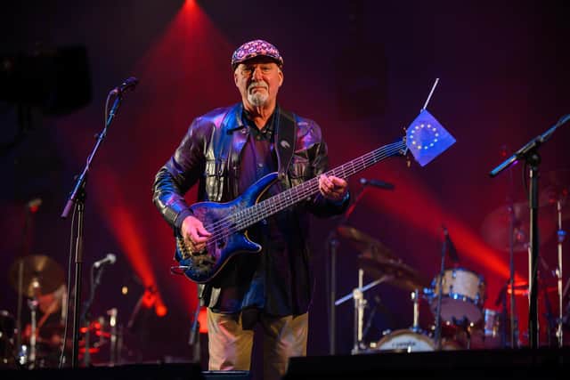 Fairport Convention bassist Dave Pegg on stage at Cropredy Convention in 2019. Photo by David Jackson.