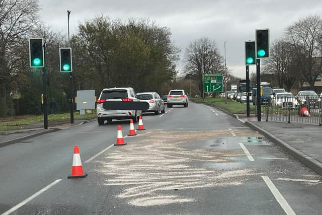 Diesel on the road surface at Mereway on Tuesday morning
