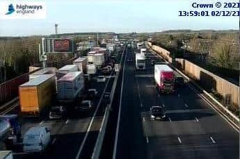 Motorway cameras showed the northbound side gridlocked near Newport Pagenll Services at 2pm