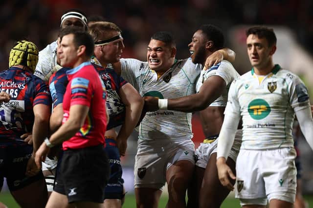 Sam Matavesi showed his delight as he helped Saints to secure a bonus-point win at Bristol after returning from international duty last month