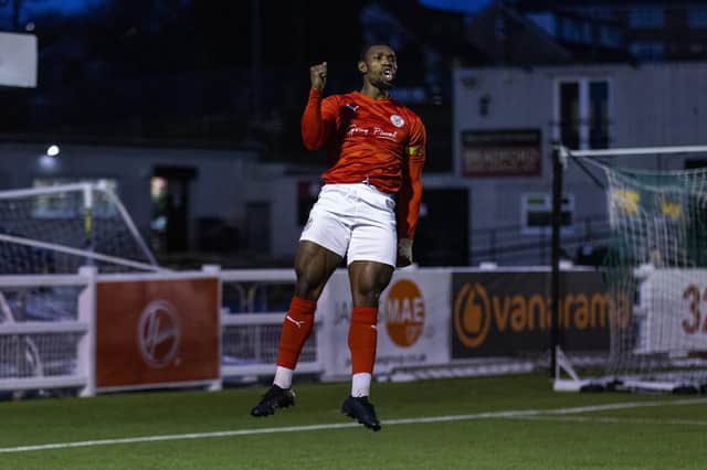 Lee Ndlovu celebrates his goal during Brackley Town's 3-0 win at Bradford (Park Avenue) last weekend. Picture by Glenn Alcock