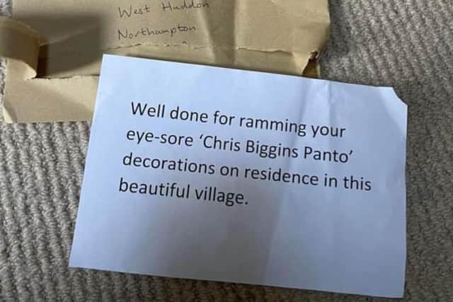 Katie and Gary Coleman were 'gutted' to receive this anonymous angry letter.
