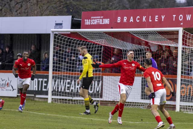 It was a good day for Brackley Town last weekend as Matt Lowe's goal earned them a 1-0 win over Guiseley which sent them back to the top of the National League North. Picture by Glenn Alcock