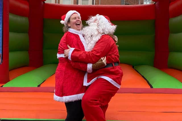 Natasha Caton and Aine Collins enjoying the bouncy castle.