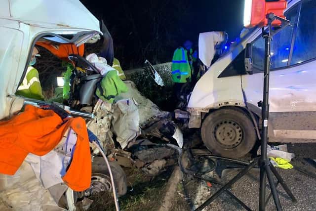 Fire crews had to cut the driver out of a wrecked Ford Transit following yesterday's head-on smash