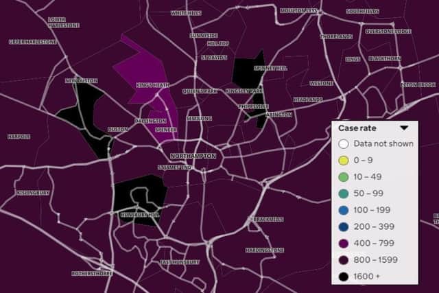 Northampton's Covid map with three neighbourhoods picked out in darkest purple for the first time