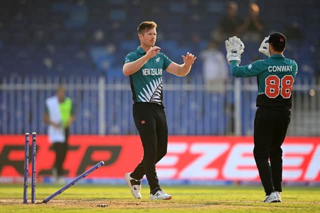 Jimmy Neesham celebrates taking a wicket for the Black Caps