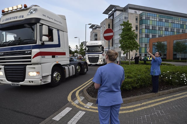 The convoy organised by Jason, his brother Nathan and fellow lorry driver Danny Whitmore arrives at Peterborough City Hospital in May 2020  in time for the 8pm clap for the NHS. Pictues: David Lowndes