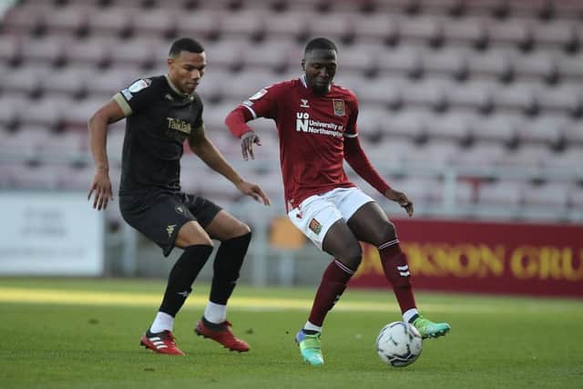 Cobblers loan signing Idris Kanu on the ball in the Sixfields clash with Salford City