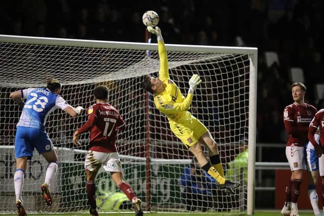 Liam Roberts palms a Barrow effort on goal over his own crossbar (Picture: Pete Norton)