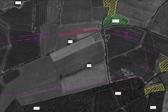 The purple line is the route which pilots would use at the farm.